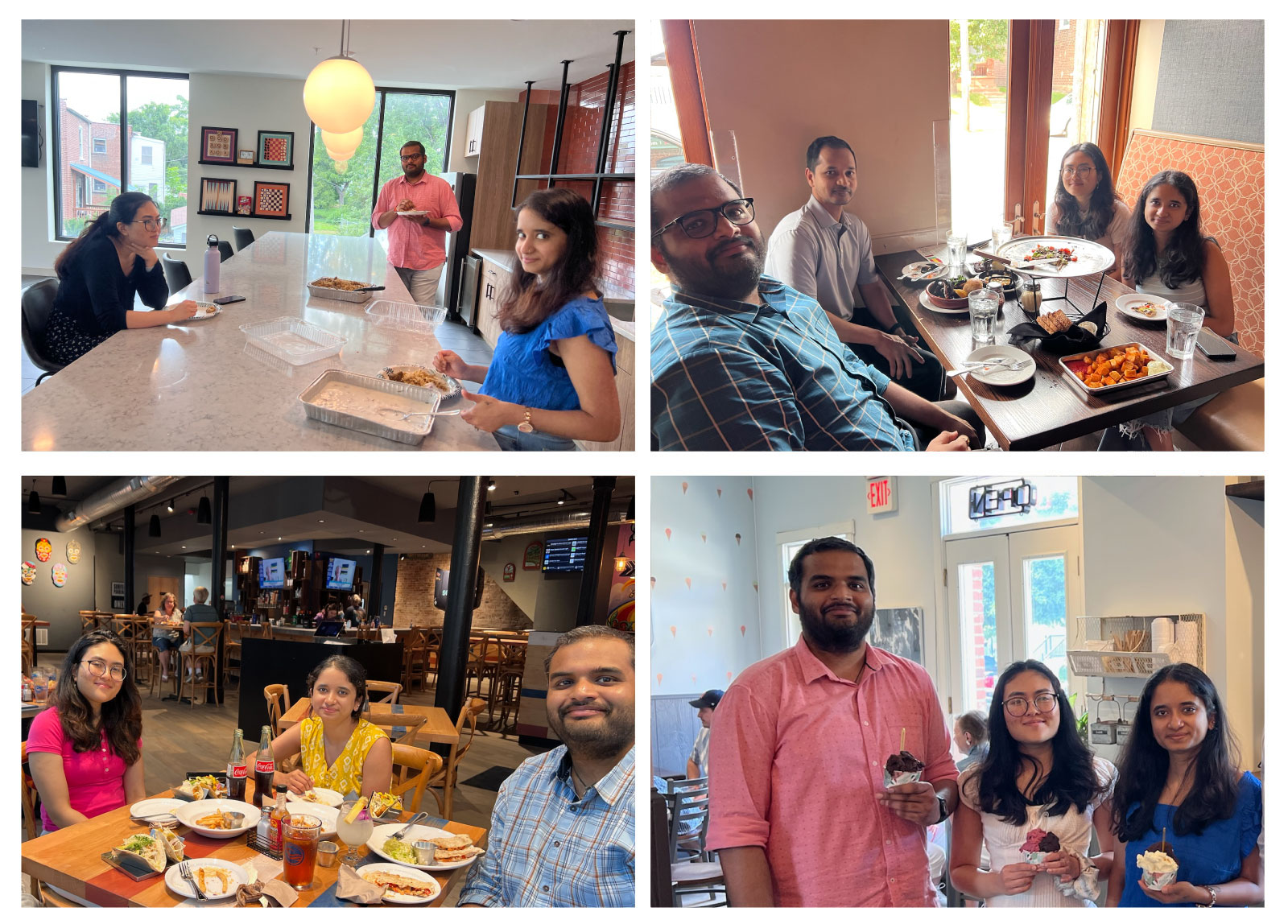 Omniskope interns and team during St. Louis outings—office potluck, restaurant lunches, and ice-cream—Summer 2025 Mosaic Challenge.
